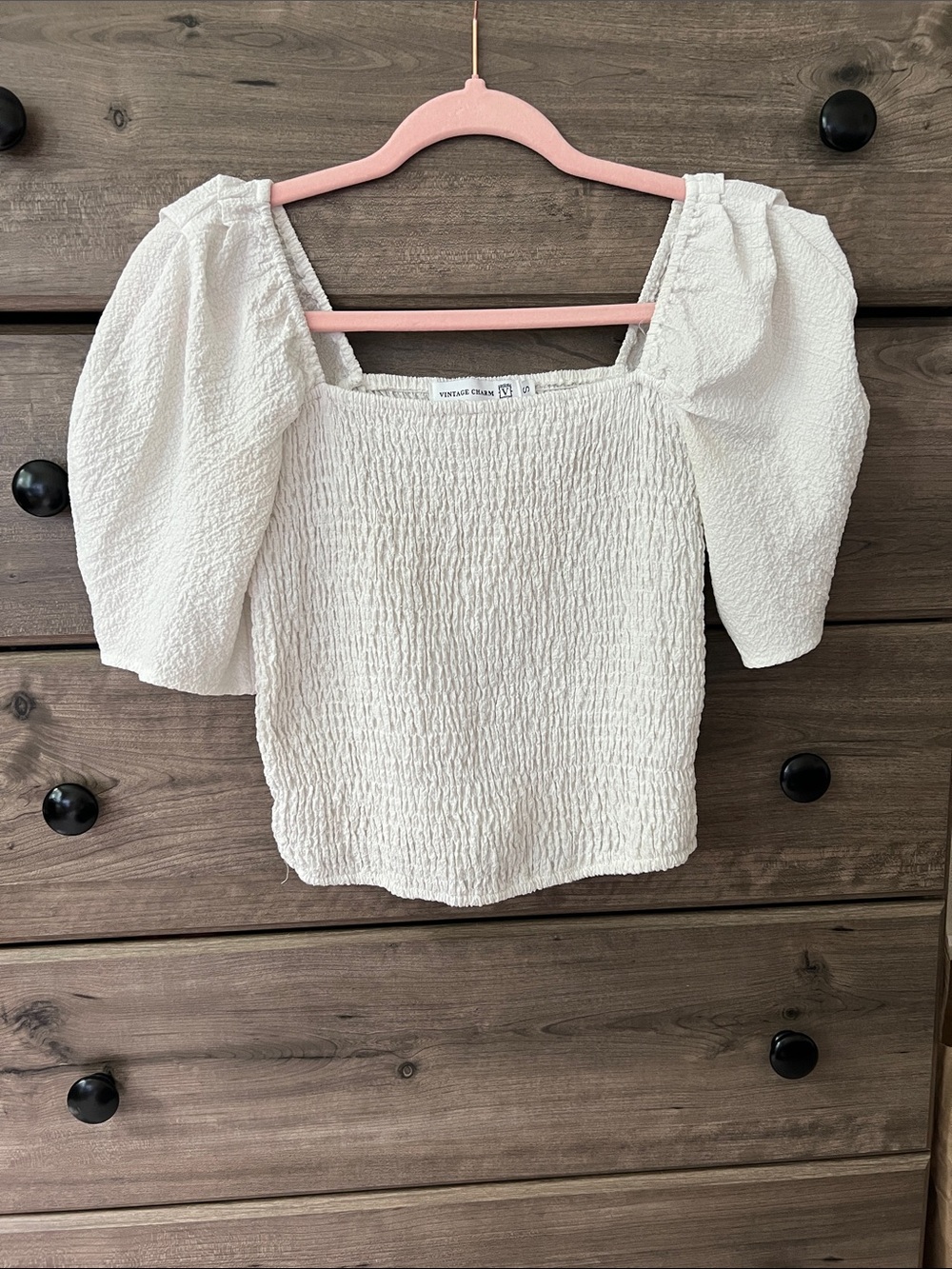 Vintage Charm White Textured Puff-Sleeve Square Neck Top